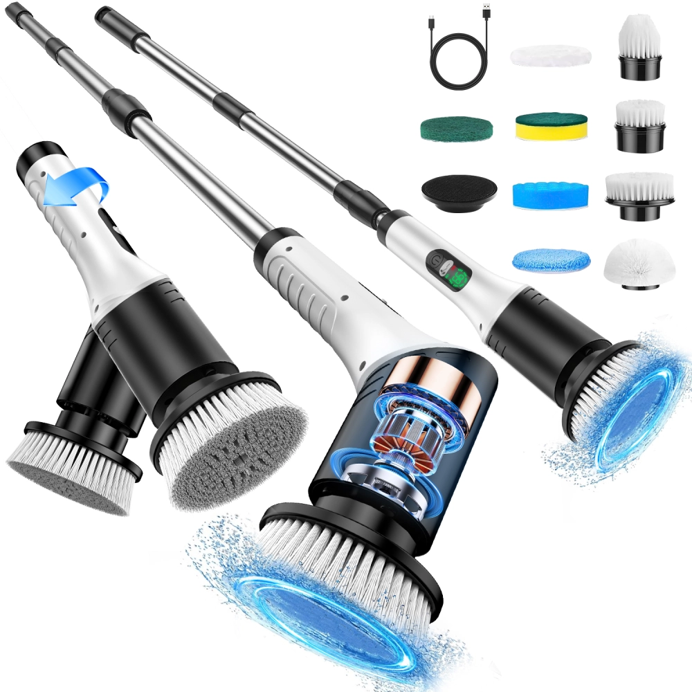 Multi-Functional Wireless Electric Rotating Cleaning Brush (with 9 Replaceable Brush Heads & Extendable Long Handle)