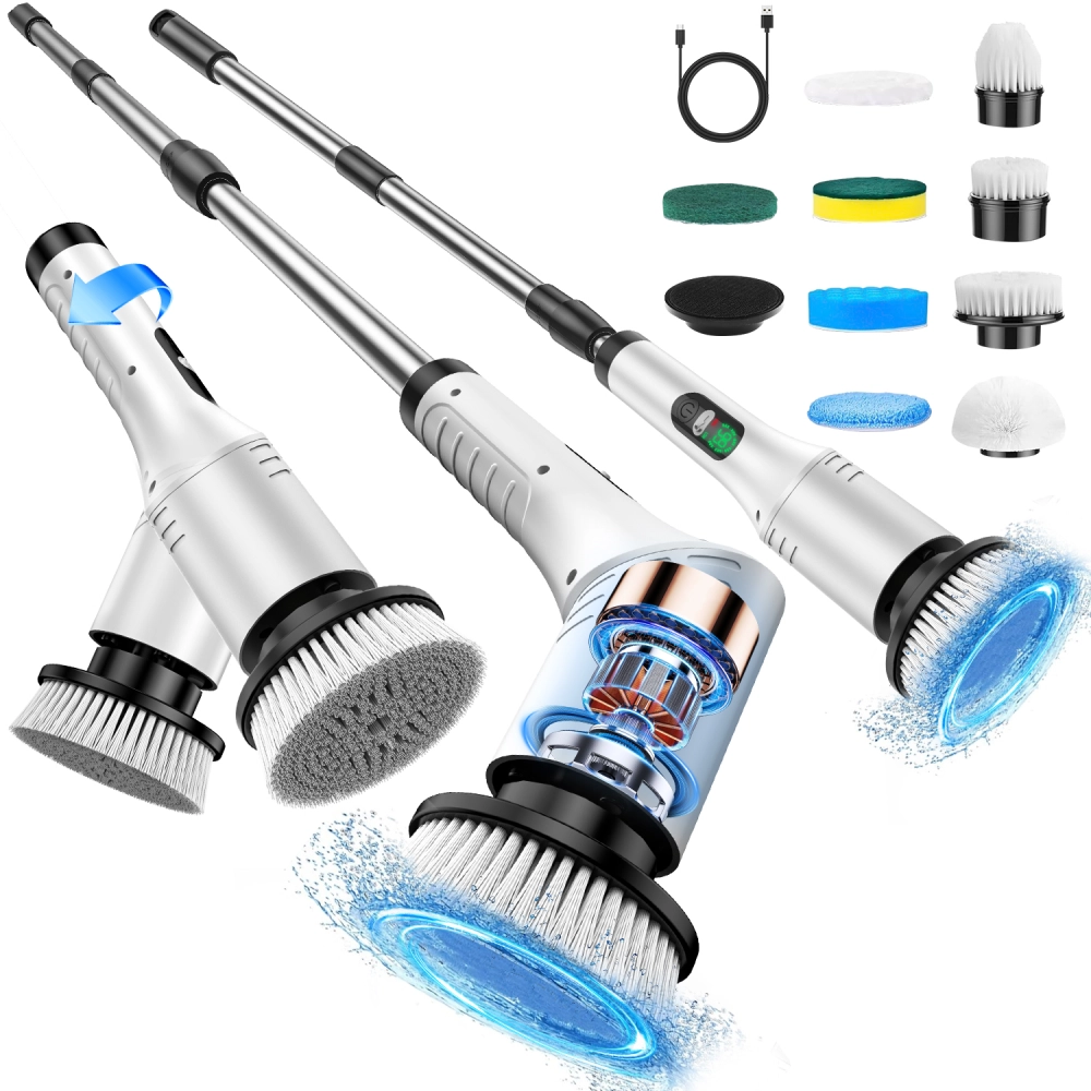Multi-Functional Wireless Electric Rotating Cleaning Brush (with 9 Replaceable Brush Heads & Extendable Long Handle)